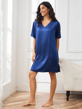 [Mørkeblå] SilkSilky-DK Half Sleeve V Neck Natkjole 004