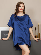 [Mørkeblå] SilkSilky-DK Short Sleeve Round Neck Dame Pyjamas 001