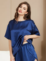 [Mørkeblå] SilkSilky-DK Short Sleeve Round Neck Dame Pyjamas 003