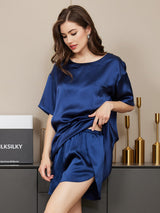 [Mørkeblå] SilkSilky-DK Short Sleeve Round Neck Dame Pyjamas 005