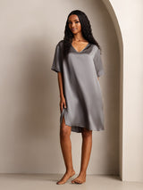 [Mørkegrå] SilkSilky-DK Half Sleeve V Neck Natkjole 001