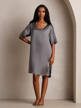 [Mørkegrå] SilkSilky-DK Half Sleeve V Neck Natkjole 003