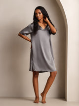 [Mørkegrå] SilkSilky-DK Half Sleeve V Neck Natkjole 005