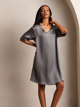 [Mørkegrå] SilkSilky-DK Half Sleeve V Neck Natkjole 007