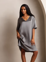 [Mørkegrå] SilkSilky-DK Half Sleeve V Neck Natkjole 008