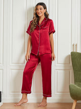[Mørkerød] SilkSilky-DK Short Sleeve Lapel Collar Dame Pyjamas 002