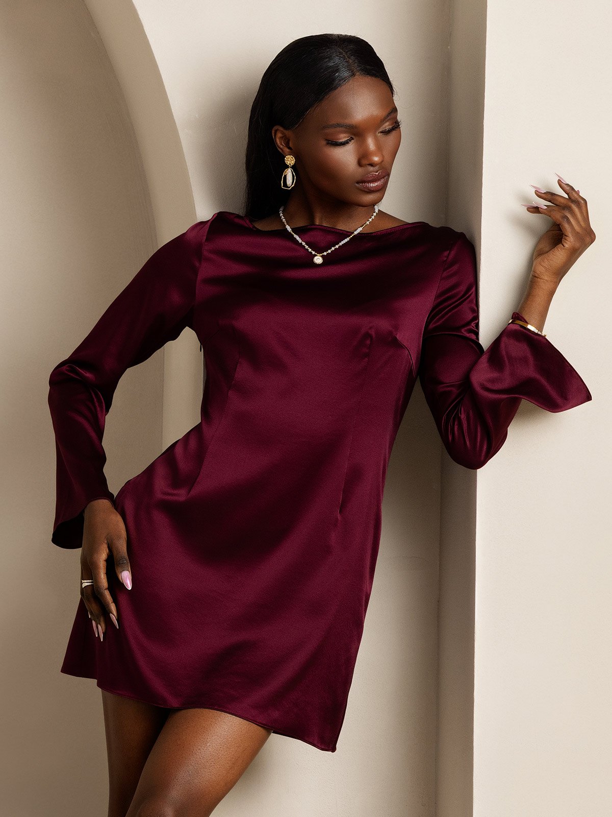 [Mørkerød] SilkSilky-DK Long Sleeve Boat Neck Kjole 001