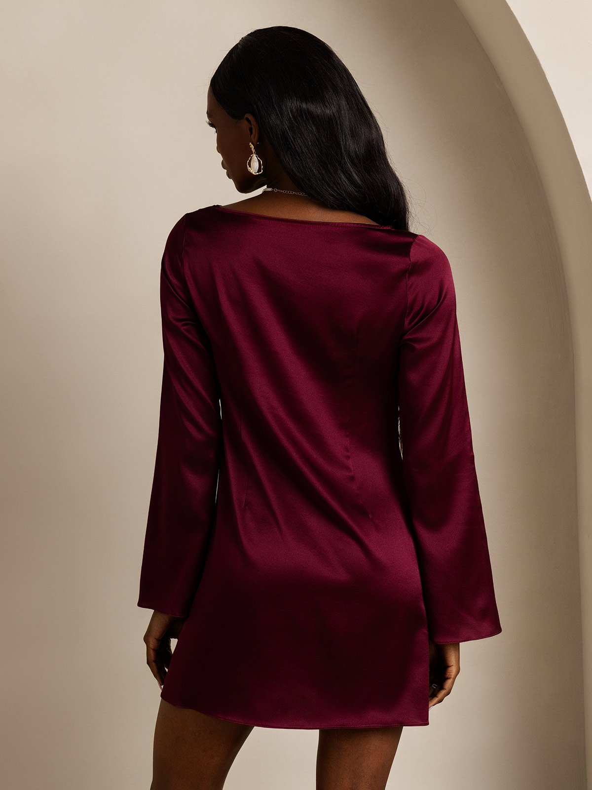 [Mørkerød] SilkSilky-DK Long Sleeve Boat Neck Kjole 002