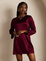 [Mørkerød] SilkSilky-DK Long Sleeve Boat Neck Kjole 003