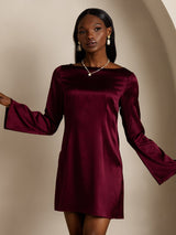 [Mørkerød] SilkSilky-DK Long Sleeve Boat Neck Kjole 004