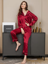 [Mørkerød] SilkSilky-DK Langærmet Notchkrage Dame Pyjamas 002