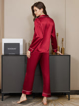 [Mørkerød] SilkSilky-DK Langærmet Notchkrage Dame Pyjamas 003