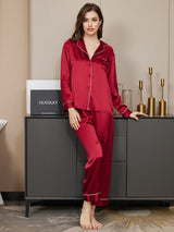 [Mørkerød] SilkSilky-DK Langærmet Notchkrage Dame Pyjamas 004