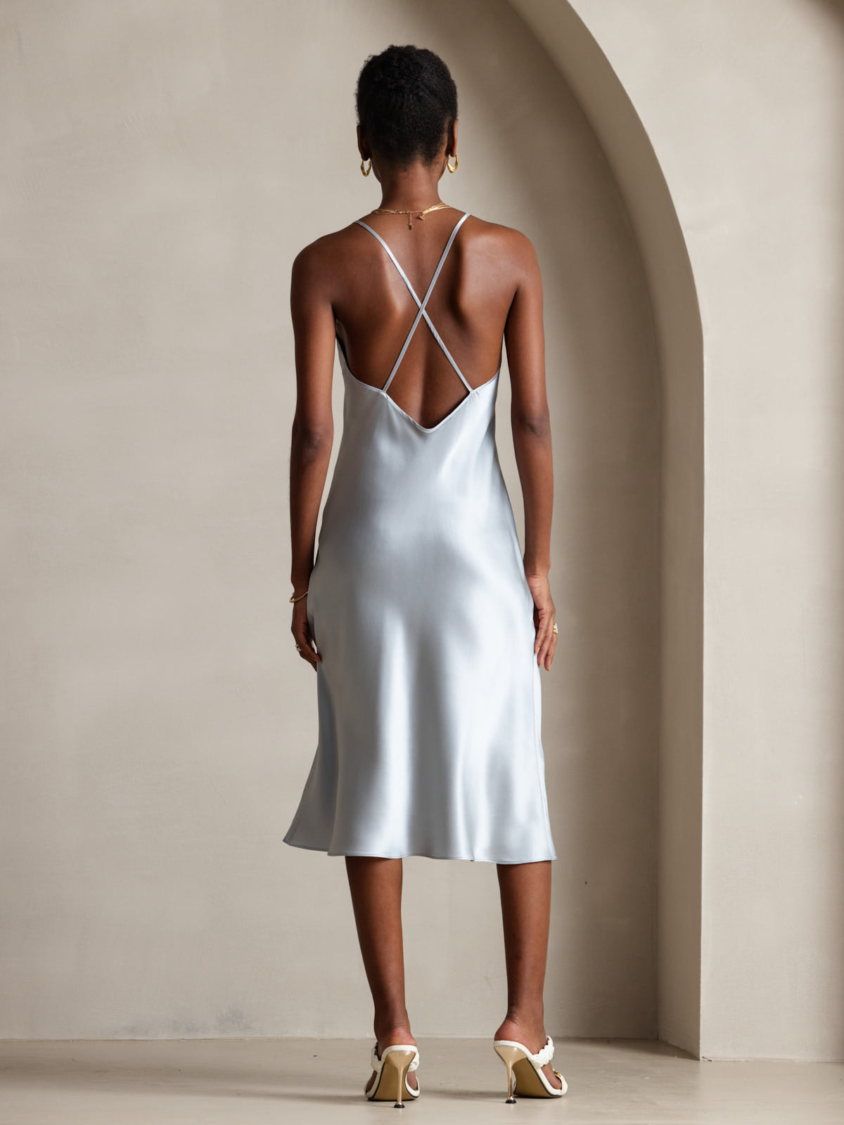 [Gråblå] SilkSilky-DK Sleeveless V Neck Kjole 002