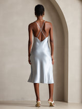[Gråblå] SilkSilky-DK Sleeveless V Neck Kjole 002