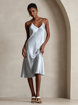 [Gråblå] SilkSilky-DK Sleeveless V Neck Kjole 003