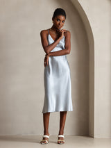 [Gråblå] SilkSilky-DK Sleeveless V Neck Kjole 006
