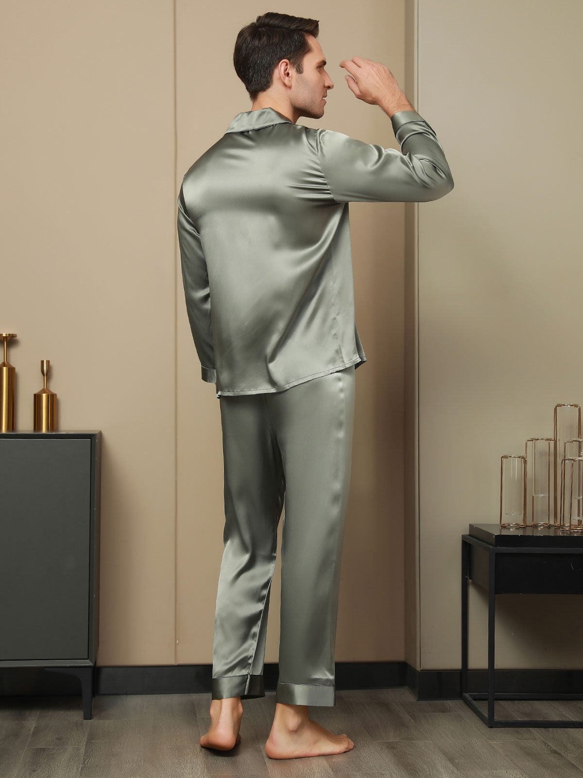 [Grågrøn] SilkSilky-DK Long Sleeve Lapel Collar Pyjamas til Mænd 002