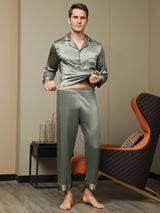 [Grågrøn] SilkSilky-DK Long Sleeve Lapel Collar Pyjamas til Mænd 007