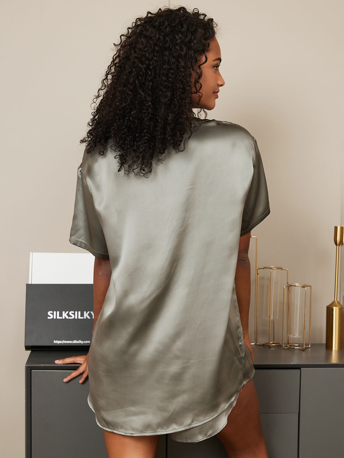 [Grågrøn] SilkSilky-DK Kort ærme Rund Hals Dame Pyjamas 002