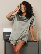 [Grågrøn] SilkSilky-DK Short Sleeve Round Neck Dame Pyjamas 004