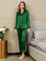 [Grøn] SilkSilky-DK Langærmet Notchkrage Dame Pyjamas 004