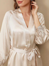 [Elfenben] SilkSilky-DK 3/4 Sleeve V Neck Natkjole & Morgenkåbe Sæt 009
