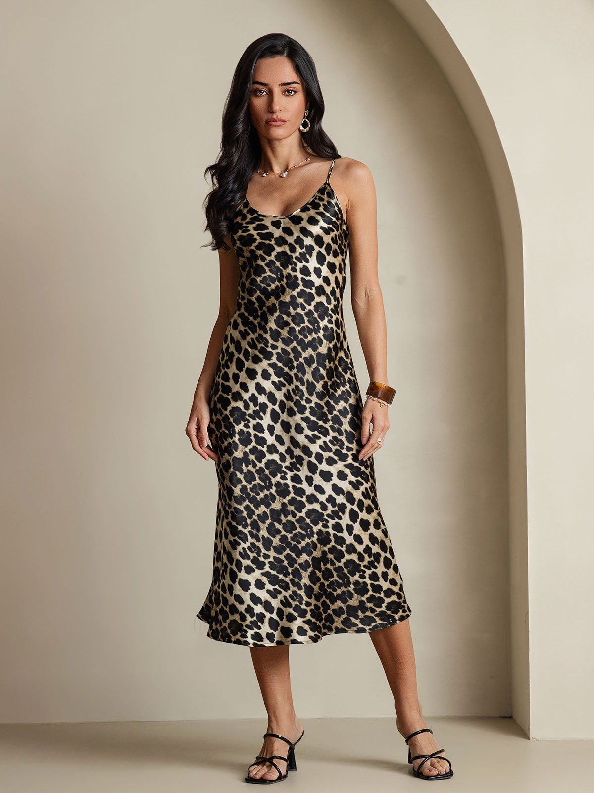 [Leopard] SilkSilky-DK Sleeveless V Neck Kjole 001