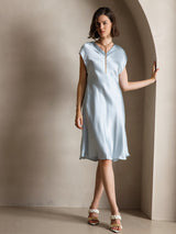 [Lyseblå] SilkSilky-DK Cap Sleeve V Neck Kjole 001