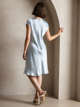 [Lyseblå] SilkSilky-DK Cap Sleeve V Neck Kjole 002