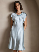 [Lyseblå] SilkSilky-DK Cap Sleeve V Neck Kjole 003