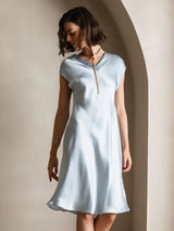 [Lyseblå] SilkSilky-DK Cap Sleeve V Neck Kjole 004