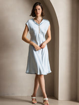 [Lyseblå] SilkSilky-DK Cap Sleeve V Neck Kjole 005