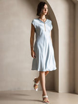 [Lyseblå] SilkSilky-DK Cap Sleeve V Neck Kjole 006