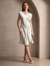 [Lysegrøn] SilkSilky-DK Cap Sleeve V Neck Kjole 006