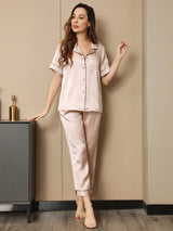 [Lys Pink] SilkSilky-DK Kort ærme Notchkrage Dame Pyjamas 001