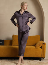 [Lilla Grå] SilkSilky-DK Langærmet Notchkrage Dame Pyjamas 001