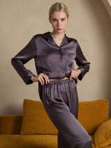 [Lilla Grå] SilkSilky-DK Langærmet Notchkrage Dame Pyjamas 003