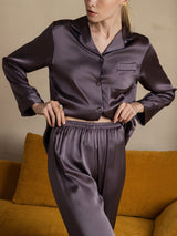 [Lilla Grå] SilkSilky-DK Langærmet Notchkrage Dame Pyjamas 008