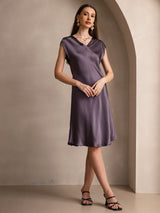 [Lilla Grå] SilkSilky-DK Cap Sleeve V Neck Kjole 001