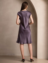 [Lilla Grå] SilkSilky-DK Cap Sleeve V Neck Kjole 002