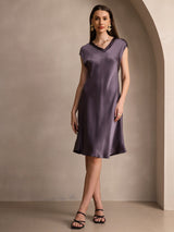 [Lilla Grå] SilkSilky-DK Cap Sleeve V Neck Kjole 003