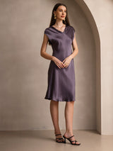 [Lilla Grå] SilkSilky-DK Cap Sleeve V Neck Kjole 004
