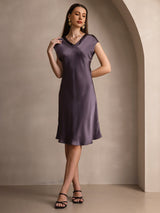 [Lilla Grå] SilkSilky-DK Cap Sleeve V Neck Kjole 005