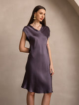 [Lilla Grå] SilkSilky-DK Cap Sleeve V Neck Kjole 006