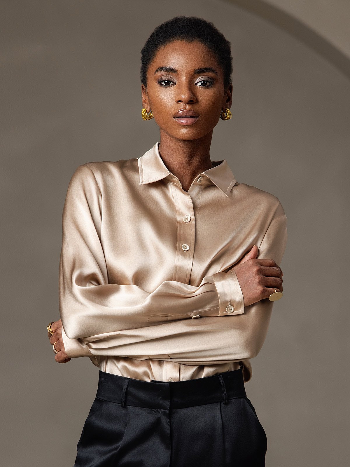 [Champagne] SilkSilky-DK Long Sleeve Lapel Collar Dameskjorte 001
