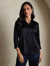[Sort] SilkSilky-DK 3/4 Sleeve Lapel Collar Dameskjorte 001