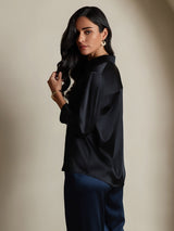 [Sort] SilkSilky-DK 3/4 Sleeve Lapel Collar Dameskjorte 002