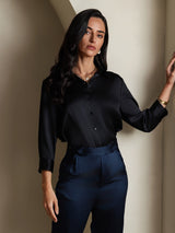 [Sort] SilkSilky-DK 3/4 Sleeve Lapel Collar Dameskjorte 003