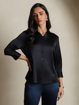 [Sort] SilkSilky-DK 3/4 Sleeve Lapel Collar Dameskjorte 004